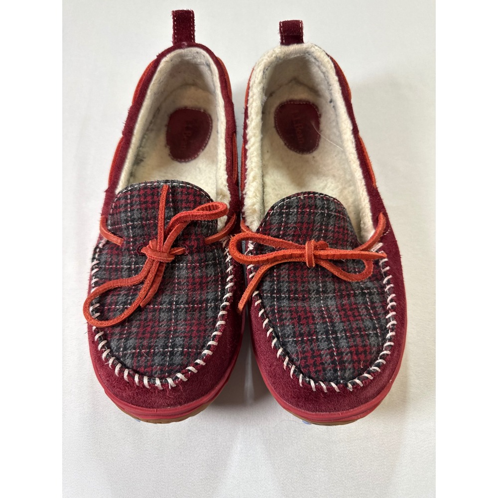 LL Bean Wicked Good Moccasins Burgundy Suede Plaid Slippers Women 9 504786
